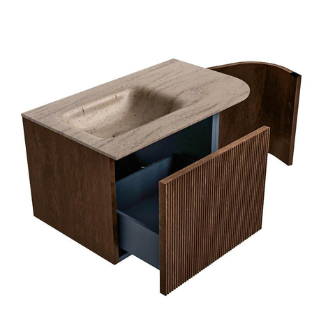 MONDIAZ KURVE-DLUX Meuble de salle de bains 75cm arrondi Droite couleur Walnut avec 1 tiroir et 1 porte. Lavabo GRUNNE Gauche sans trou de robinet Saba. SW1433137