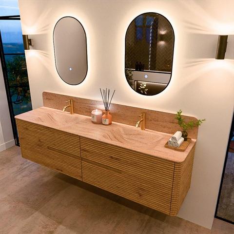 Mondiaz CIRO-DLUX Meuble de salle de bains - 190x45x50cm - Plan vasque Solid surface Saba - 2 vasques Double - 2 trous de robinetterie - 4 tiroirs - Chêne SW1531237