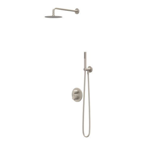 IVY Bond Ensemble de douche de tête - encastré - inverseur d'arrêt 2 voies - bras de plafond 15cm - douche de tête fine ronde 25cm - barre de douche avec sortie - flexible de douche 150cm - douchette 3 jets - Nickel brossé PVD SW1037131