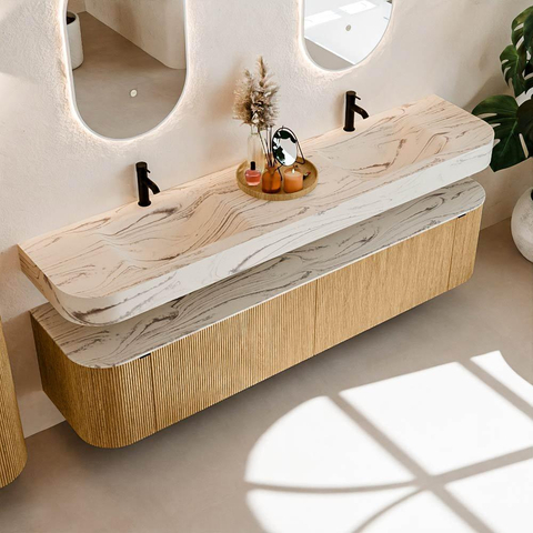 MONDIAZ THOR-DLUX 200cm meuble de salle de bains arrondi gauche + droite couleur Oak avec 2 tiroirs et 2 portes. Vasque suspendue CLOUD Double 2 trous de robinet couleur Nata. SW1467143