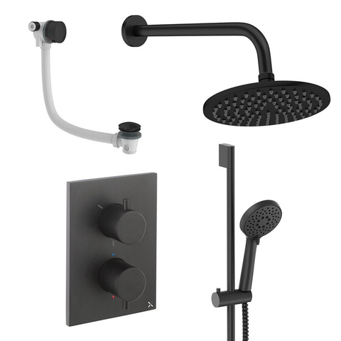 Crosswater MPRO ensemble de douche pluie encastré – douche de tête Ø 20 cm – douchette ronde – 2 leviers – vidage de baignoire – noir mat SW1472504