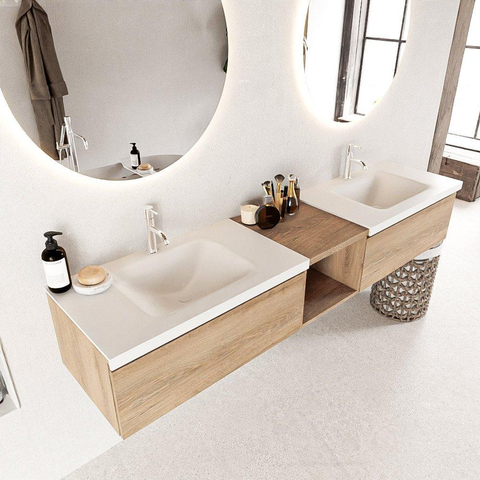 MONDIAZ BUKLA 200cm ensemble de meuble avec module ouvert 40 couleur Chêne blanchi avec 2 tiroirs. Lavabo CLOUD double 2 trous de robinet couleur Talc. SW1382188