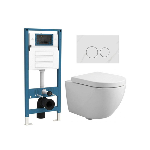 QeramiQ Dely Swirl Compact Toiletset - inbouwreservoir QeramiQ flush - 25mm zitting - marmeren bedieningsplaat wit - ronde knoppen - glans wit SW1590643