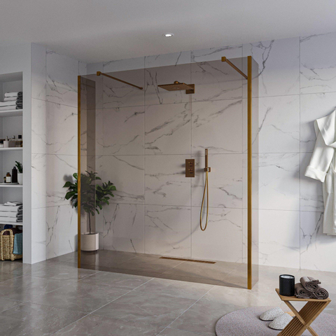 Fortifura Galeria Vrijstaande Inloopdouche - 180x200cm - Rookglas - antikalk - 8mm veiligheidsglas - 2 zijwanden - 30cm - wandsteunen en hoekprofielen - PVD - geborsteld koper SW993061