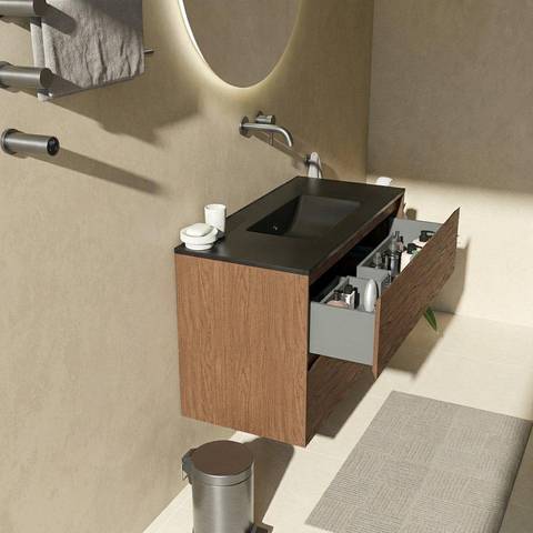 Saniclass Holz Pure Badkamermeubelset - 100x45x62cm - Vygo keramische wastafel zwart - 1 wasbak - zonder kraangat - 2 lades - mat walnut pure (hout) SW1478974