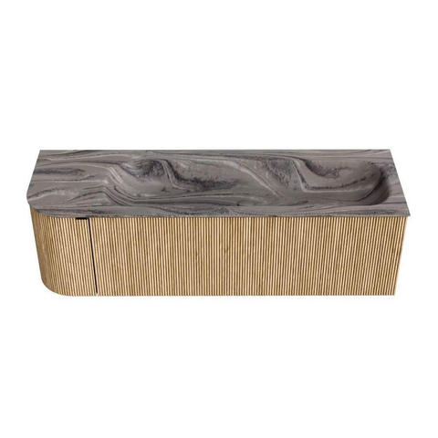 MONDIAZ KURVE-DLUX Meuble de salle de bains 145cm arrondi à gauche couleur Chêne avec 1 tiroir et 1 porte. Lavabo BIG LARGE à droite 2 trous de robinet Sombra. SW1433593