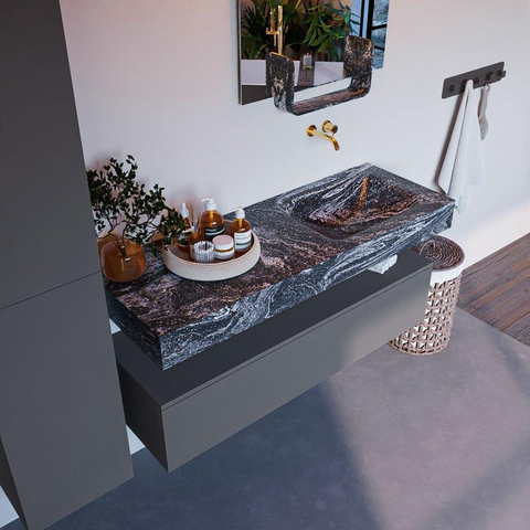 Mondiaz ALAN-DLUX Ensemble de meuble - 130cm - meuble Plata mat - 1 tiroir - Lavabo Cloud Lava suspendu - vasque Droite - 0 trous de robinet SW808691