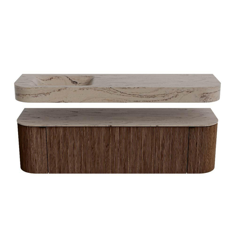 MONDIAZ THOR-DLUX 160cm meuble de salle de bains arrondi gauche + droite couleur Walnut avec 1 tiroir et 2 portes. Vasque suspendue CLOUD Gauche sans trou de robinet couleur Arena. SW1465145