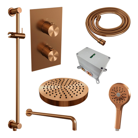 BRAUER Stripe Thermostatische Inbouw Regendouche - 3-weg - rechthoekig - SET 23 - 25cm douchekop - gebogen muurarm - 3-standen handdouche - doucheslang - geïntegreerde glijstang - koper geborsteld PVD SW1435249