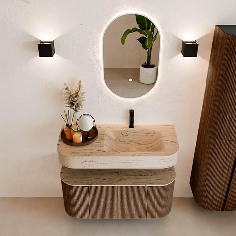MONDIAZ THOR-DLUX 100cm meuble de salle de bains arrondi gauche + droite couleur Walnut avec 1 tiroir et 2 portes. Vasque suspendue CLOUD droite 1 trou de robinet couleur Arena. SW1467451