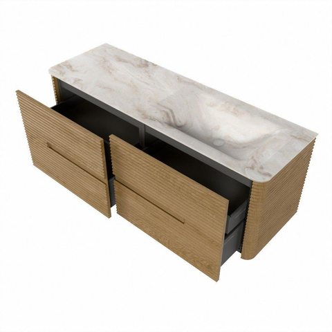 Mondiaz CIRO-DLUX Ensemble de meubles de salle de bains - 140x45x50cm - Vasque solid surface Frappe - 1 lavabo à droite - 1 trou de robinet - 4 tiroirs - Chêne SW1530878