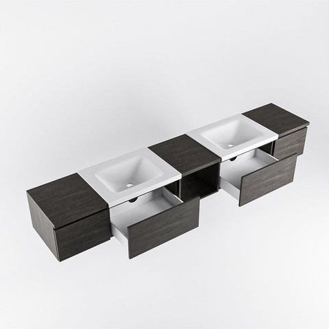MONDIAZ BUKLA 240cm meuble de salle de bain avec module ouvert 40 au milieu couleur Marron Foncé avec 4 tiroirs. Lavabo CLOUD double 0 trou de robinet couleur Talc. SW1382224
