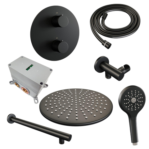 BRAUER Black Carving douche de pluie encastrée thermostatique - 3 voies - ronde - set 80 - pomme de douche 30cm - bras de douche mural droit - douchette 3 jets - flexible de douche - coude d'alimentation mural - noir mat SW1159237