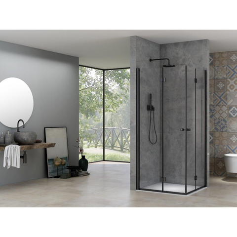 Van Rijn ST 02 Cabine pivotante pliante - verre clair - 90x90cm - ferrures noires - laiton brossé SW1152794