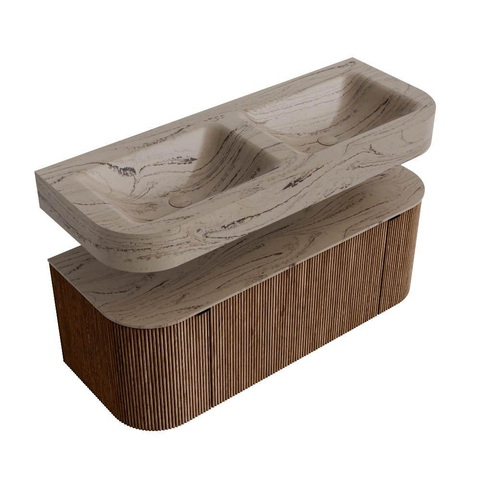 MONDIAZ THOR-DLUX 120cm meuble de salle de bains arrondi gauche + droite couleur Walnut avec 1 tiroir et 2 portes. Vasque suspendue CLOUD Double 2 trous de robinet couleur Arena. SW1463399