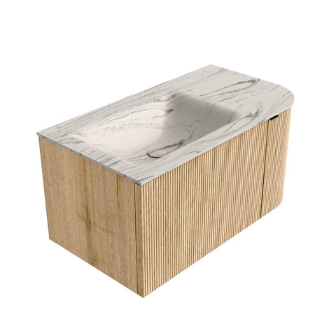 MONDIAZ KURVE-DLUX meuble de salle de bains 85cm arrondi à droite couleur chêne avec 1 tiroir et 1 porte. Lavabo CLOUD à gauche 1 trou de robinet Nata. SW1432054