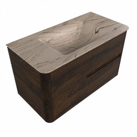 Mondiaz CIRO-DLUX Ensemble de meubles de salle de bains - 90x45x50cm - Plan-vasque Solid surface Arena - 1 vasque au milieu - sans trous de robinet - 2 tiroirs - Noyer SW1530396