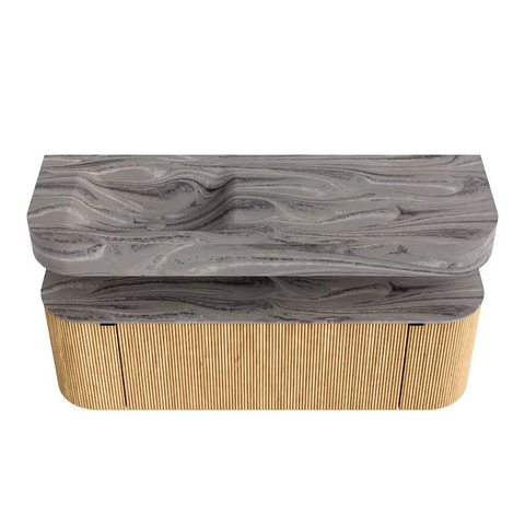 MONDIAZ THOR-DLUX 140cm badmeubel ronding links + rechts kleur Oak met 1 lade en 2 deuren. Vrijhangende wastafel CLOUD Links 1 kraangat kleur Sombra. SW1464341