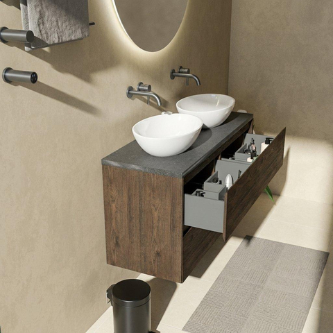 Saniclass Holz Pure Badkamermeubelset - 120x45x63cm - Noche basalten wastafelblad gepolijst - 1 wasbak - zonder kraangat - 4 lades - mat eiken charcoal (hout) SW1478576