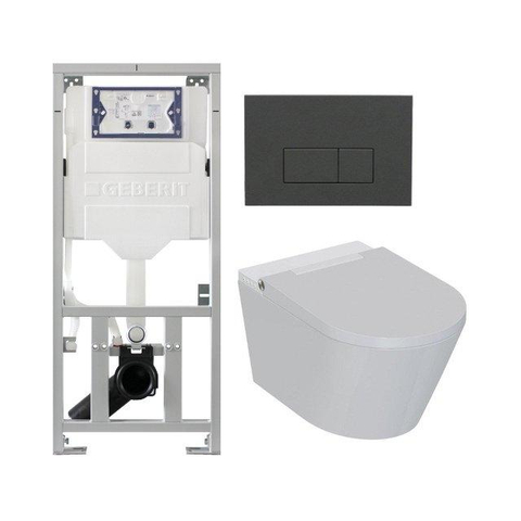 QeramiQ Luma Ensemble WC-douche - réservoir encastré Geberit UP320 - avec châssis Burda - sèche-cheveux - douchette féminine - plaque de commande anthracite mat - boutons rectangulaires - blanc brillant SW1471996