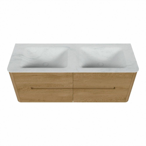 Mondiaz CIRO-DLUX Badkamermeubelset - 130x45x50cm - Solid surface wastafel Opalo - 2 wasbak Dubbel - 2 kraangaten - 4 lades - Oak SW1531014