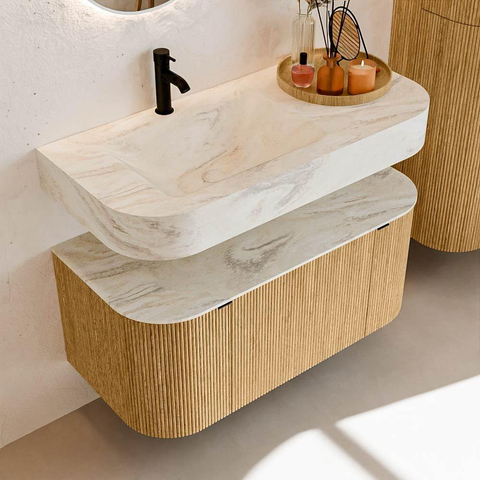 MONDIAZ THOR-DLUX 100cm meuble de salle de bains arrondi gauche + droite couleur Oak avec 1 tiroir et 2 portes. Vasque suspendue CLOUD Gauche 1 trou de robinet couleur Ostra. SW1467327