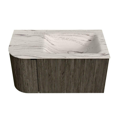 MONDIAZ KURVE-DLUX 85cm badmeubel ronding Links kleur Shadow met 1 lade en 1 deur. Wastafel CLOUD Rechts 1 kraangat Nata. SW1432280