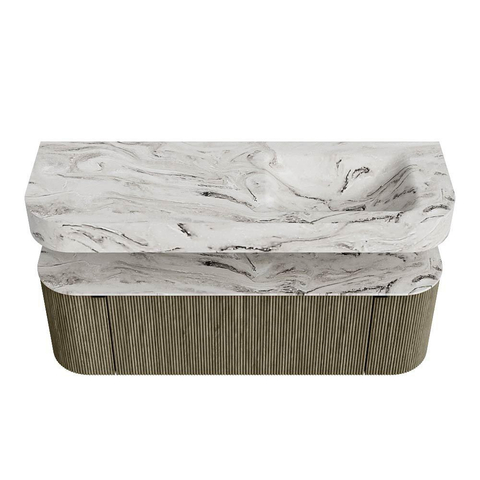 MONDIAZ THOR-DLUX 140cm meuble de salle de bains arrondi gauche + droite couleur Shadow avec 1 tiroir et 2 portes. Vasque suspendue CLOUD Droite 1 trou de robinet couleur Glace. SW1464150
