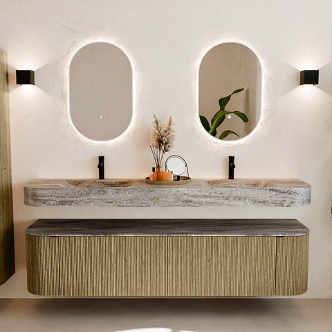 MONDIAZ THOR-DLUX 190cm meuble de salle de bains arrondi gauche + droite couleur Dusk avec 2 tiroirs et 2 portes. Vasque suspendue CLOUD Double 2 trous de robinet couleur Oza. SW1466646