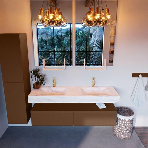 Mondiaz ALAN-DLUX Ensemble de meuble - 150cm - meuble Rust mat - 2 tiroirs - Lavabo Cloud Ostra suspendu - vasque Gauche et droite - 2 trous de robinet SW807542