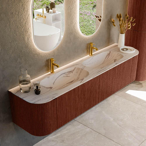 MONDIAZ KURVE-DLUX 190cm meuble de salle de bains arrondi Gauche + Droite couleur Ruby avec 2 tiroirs et 2 portes. Lavabo STOR SMALL Double 2 trous de robinet Nata. SW1432583
