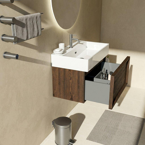 Saniclass Holz Frame Ensemble meuble de salle de bains - 80x45x52cm - Legend lavabo en céramique blanc - 1 vasque - 1 trou de robinetterie - 1 tiroir - chêne charcoal mat (bois) SW1478476