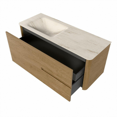 Mondiaz CIRO-DLUX Ensemble de meubles de salle de bains - 120x45x50cm - vasque en solid surface Meli - 1 lavabo à gauche - sans trous de robinet - 2 tiroirs - Chêne SW1531402
