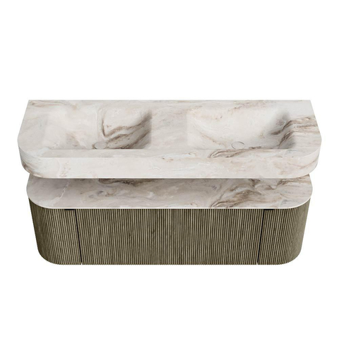 MONDIAZ THOR-DLUX 140cm meuble de salle de bains arrondi gauche + droite couleur Shadow avec 1 tiroir et 2 portes. Vasque suspendue CLOUD Double 2 trous de robinet couleur Frappe. SW1467662