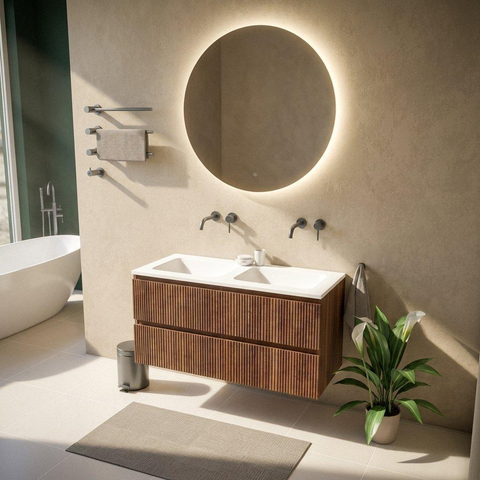 Saniclass Holz Atelier Badkamermeubelset - 120x45x77.5cm - Torino solid surface wastafel wit - zonder kraangat - 2 lades - mat walnut pure (hout) SW1478670