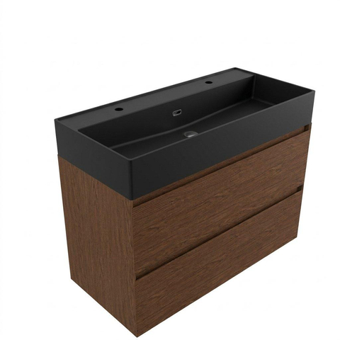 Saniclass Holz Pure Badkamermeubelset - 100x45x72cm - Legend keramische wastafel mat zwart - 1 wasbak - 2 kraangaten - 2 lades - mat walnut pure (hout) SW1580191