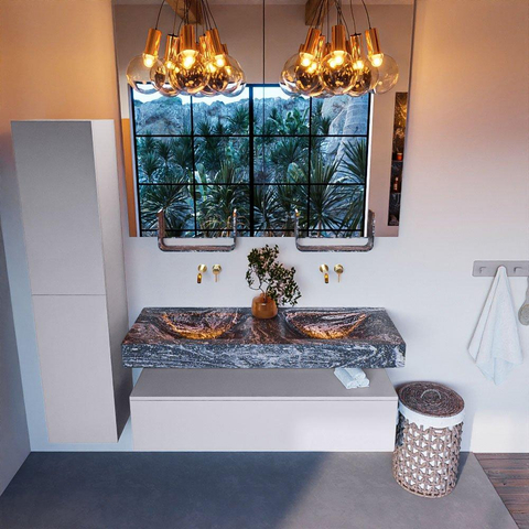 Mondiaz ALAN-DLUX Ensemble de meuble - 130cm - meuble Cale mat - 1 tiroir - Lavabo Cloud Lava suspendu - vasque gauche et droite - 0 trous de robinet SW808179