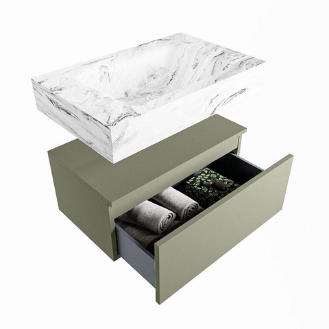 Mondiaz ALAN-DLUX Ensemble de meuble - 70cm - meuble Army mat - 1 tiroir - Lavabo Cloud Glace suspendu - vasque Centre - 1 trou de robinet SW806123