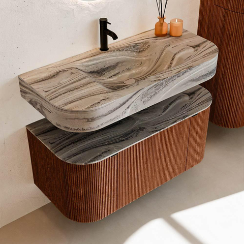MONDIAZ THOR-DLUX 100cm meuble de salle de bains arrondi gauche + droite couleur Ruby avec 1 tiroir et 2 portes. Vasque suspendue CLOUD Milieu 1 trou de robinet couleur Sombra. SW1467628