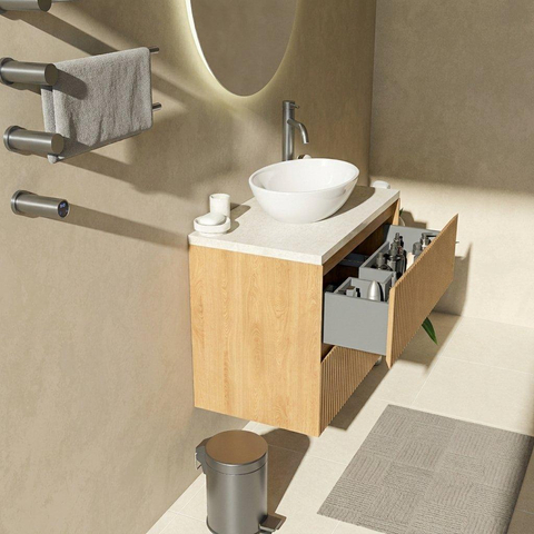 Saniclass Holz Atelier Badkamermeubelset - 80x45x63cm - Travertine natuurstenen topblad - 1 kraangat - 2 lades - mat eiken natural (hout) SW1478842