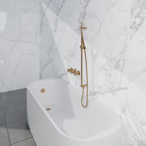 Fortifura Nebbio Ensemble combiné bain - mitigeur thermostatique - barre de douche avec coude mural intégré - flexible de douche lisse - douchette à main sur barre - Remplissage-vidage de baignoire - laiton brossé PVD (or) SW1238066