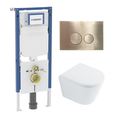 QeramiQ Dely Toiletset - 36.3x51.7cm - diepspoel - rimless - Geberit UP720 inbouwreservoir - softclose toilet zitting - 35mm - geborsteld messing bedieningsplaat - ronde knoppen - met Burda frame - glans wit SW1428165
