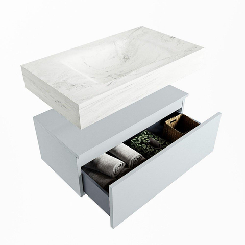 Mondiaz ALAN-DLUX Ensemble de meuble - 80cm - meuble Clay mat - 1 tiroir - Lavabo Cloud Opalo suspendu - vasque Centre - 0 trous de robinet SW806800