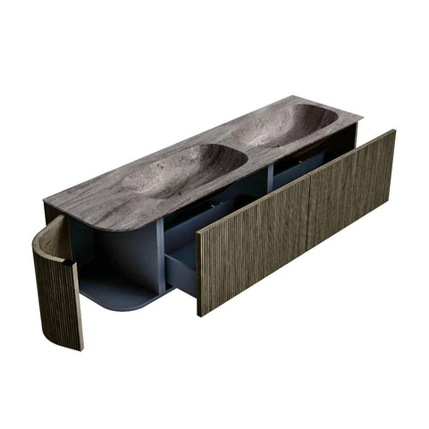 MONDIAZ KURVE-DLUX 165cm badmeubel ronding Links kleur Shadow met 2 lades en 1 deur. Wastafel STOR SMALL Dubbel / Rechts 2 kraangaten Oza. SW1432951