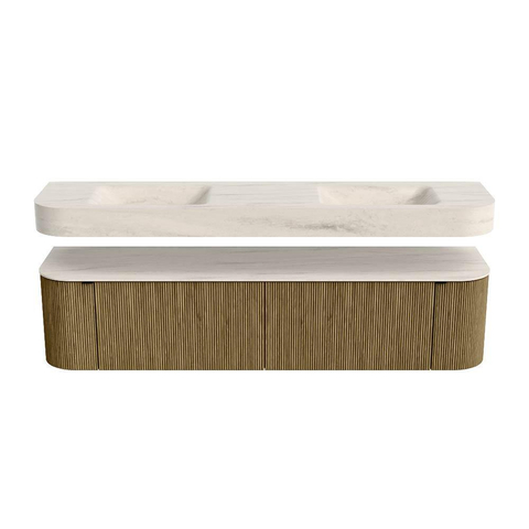 MONDIAZ THOR-DLUX 190cm meuble de salle de bains arrondi gauche + droite couleur Dusk avec 2 tiroirs et 2 portes. Vasque suspendue CLOUD Double 2 trous de robinet couleur Meli. SW1466744