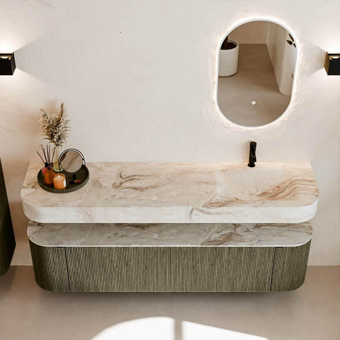 MONDIAZ THOR-DLUX 180cm meuble de salle de bains arrondi gauche + droite couleur Shadow avec 2 tiroirs et 2 portes. Vasque suspendue CLOUD Droite 1 trou de robinet couleur Frappe. SW1466060