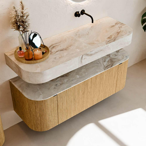 MONDIAZ THOR-DLUX 130cm meuble de salle de bains arrondi gauche + droite couleur Chêne avec 1 tiroir et 2 portes. Vasque suspendue CLOUD Droite sans trou de robinet couleur Frappe. SW1463693