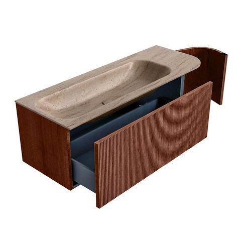 MONDIAZ KURVE-DLUX Meuble de salle de bains 125cm arrondi à droite couleur Ruby avec 1 tiroir et 1 porte. Lavabo BIG MEDIUM à gauche sans trou de robinet Saba. SW1433472