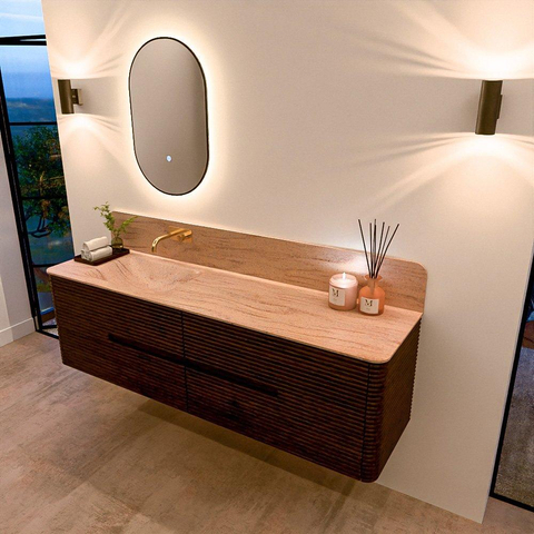 Mondiaz CIRO-DLUX Meuble de salle de bains - 170x45x50cm - Plan vasque Solid surface Saba - 1 lavabo à gauche - sans trous de robinetterie - 4 tiroirs - Noyer SW1530909