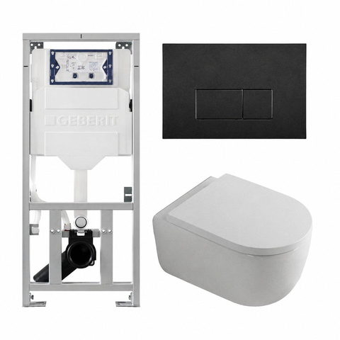 QeramiQ Dely Swirl Toiletset - 36.3x51.7cm - diepspoel - rimless - Geberit UP320 inbouwreservoir - 35mm zitting - mat zwarte metalen bedieningsplaat - rechtehoekige knoppen - mat wit SW1138647